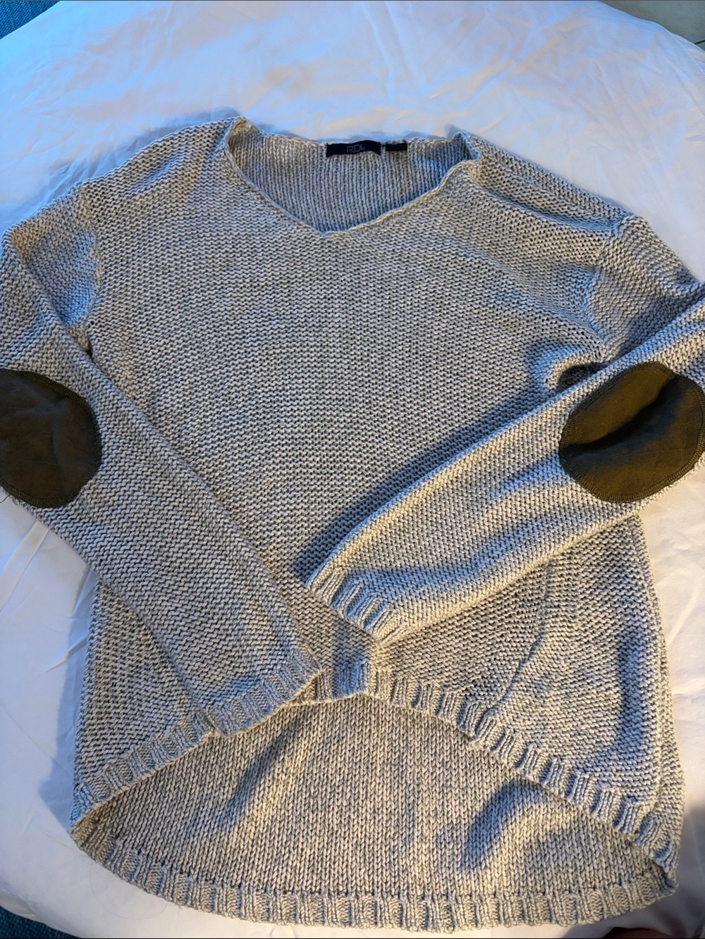 RDI tan V-Neck Knit Sweater with Brown Elbow Patches
